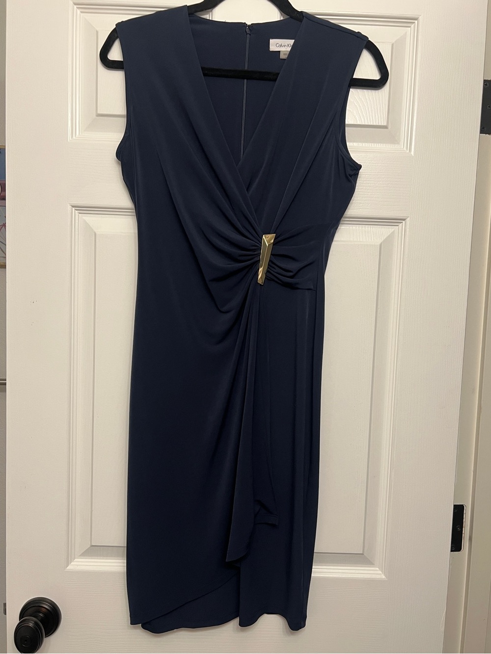Ruched Navy Calvin Klein Sheath Dress with Gold Hardware - size 6